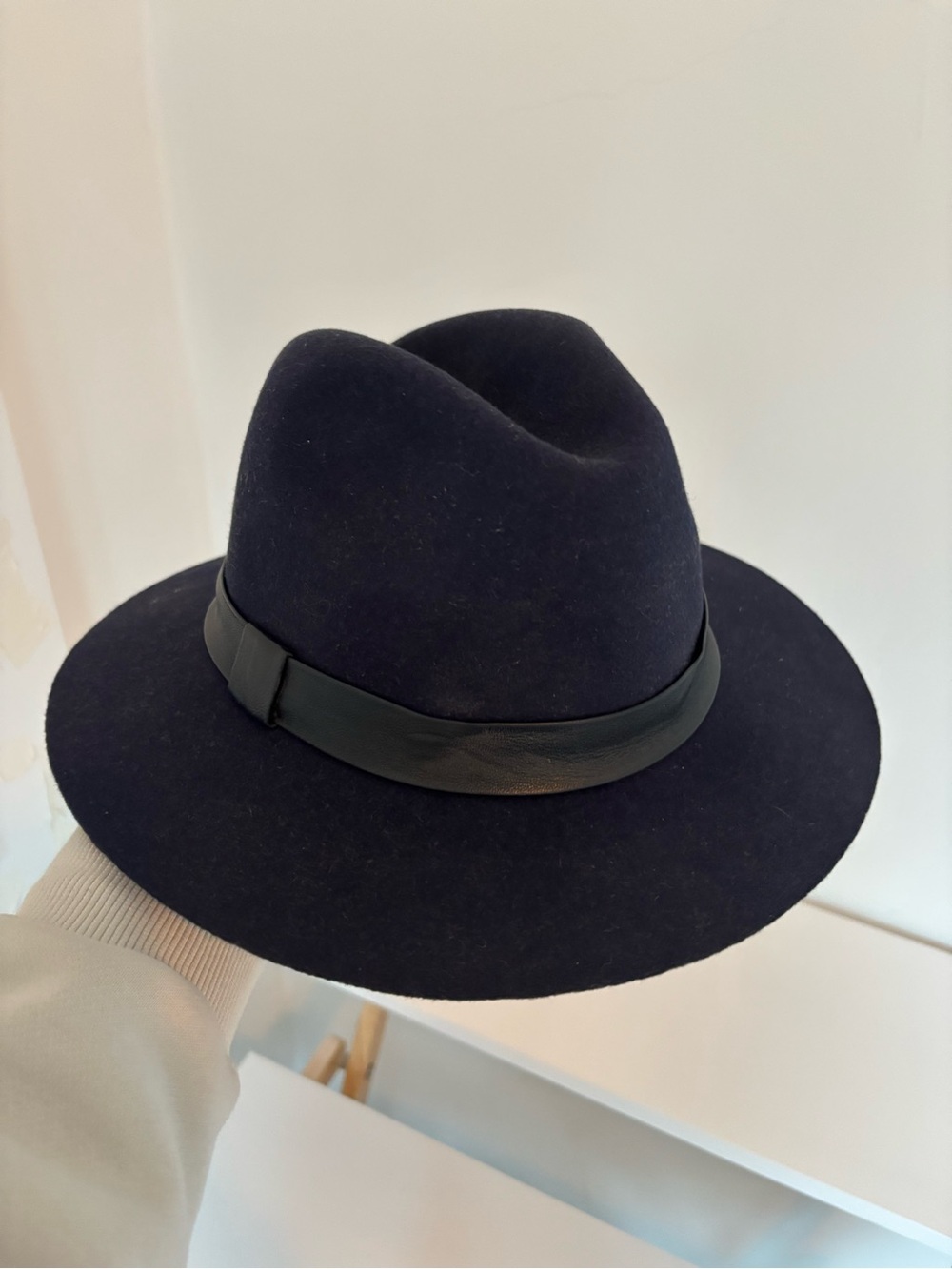 Wide Brim Wool Fedora Hat in Deep Navy with Black Band